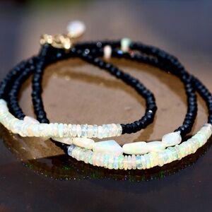 Natural Black Spinel Welo Opal Necklace Wrap Bacelet Solid 14k Gold 21.25" - 22"